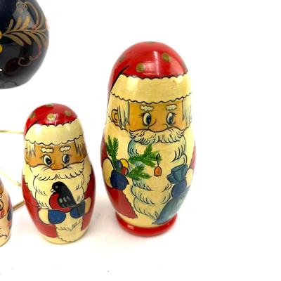 676 Set of Two Handpainted Glass Russian Doll Ornaments with Santa Wooden Nesting Doll Set