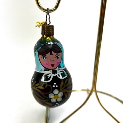 676 Set of Two Handpainted Glass Russian Doll Ornaments with Santa Wooden Nesting Doll Set