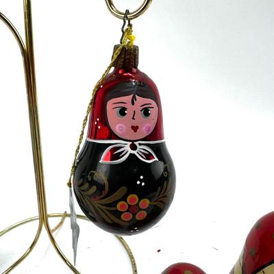 676 Set of Two Handpainted Glass Russian Doll Ornaments with Santa Wooden Nesting Doll Set