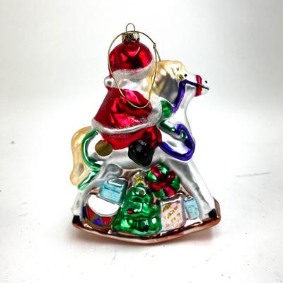 684 Large 6" Glass Santa Riding Rocking Horse Ornament