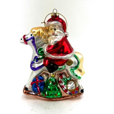 684 Large 6" Glass Santa Riding Rocking Horse Ornament