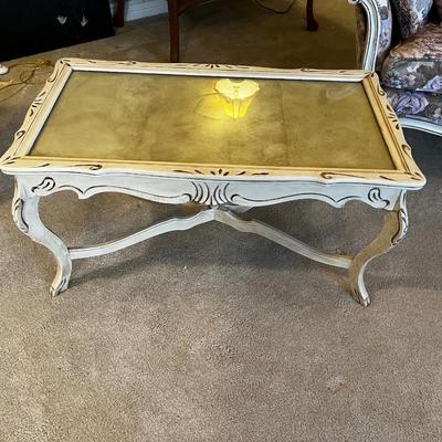 Glass Top Coffee Table Antiqued White Painted Finish