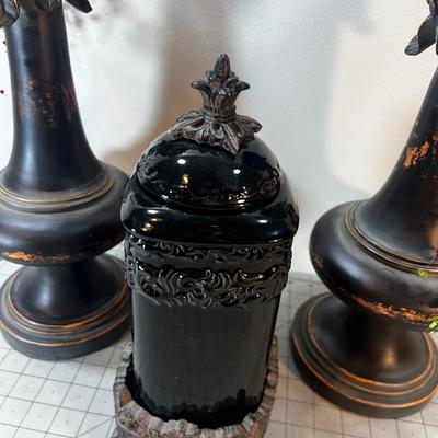Decorative Candle Holders and a Lidded Jar