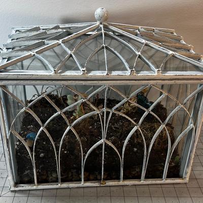 Wrought Iron  Terrarium in Antique White paint color, on Stand