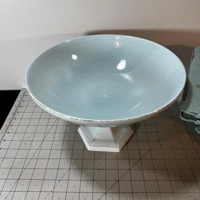 Blue ish Metal Cake Plate and Ceramic Centerpiece Bowl, Decorative