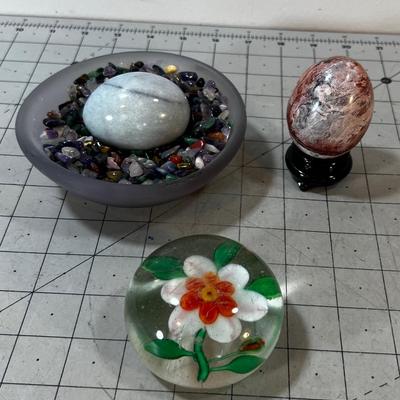 Paperweight, Marble Eggs and Colored Crystal Rocks