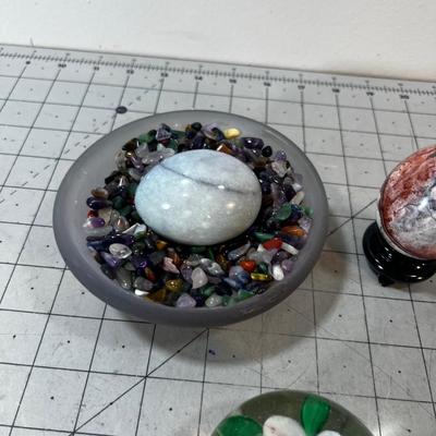 Paperweight, Marble Eggs and Colored Crystal Rocks