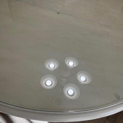 Cream / Bone Colored Round Pedestal Table, Plus Leaf and Glass and 4 dining Chairs, Large