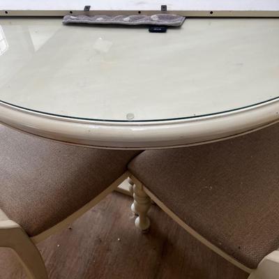 Cream / Bone Colored Round Pedestal Table, Plus Leaf and Glass and 4 dining Chairs, Large