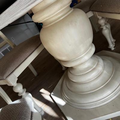 Cream / Bone Colored Round Pedestal Table, Plus Leaf and Glass and 4 dining Chairs, Large