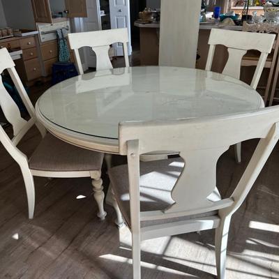 Cream / Bone Colored Round Pedestal Table, Plus Leaf and Glass and 4 dining Chairs, Large