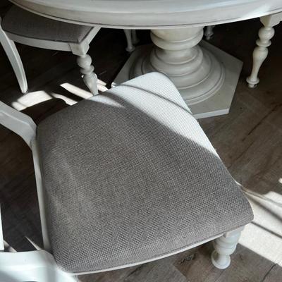 Cream / Bone Colored Round Pedestal Table, Plus Leaf and Glass and 4 dining Chairs, Large