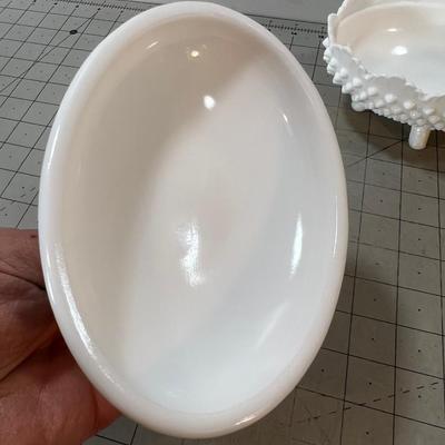 Milk Glass Hobnail Covered Oval Footed Dish