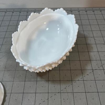 Milk Glass Hobnail Covered Oval Footed Dish