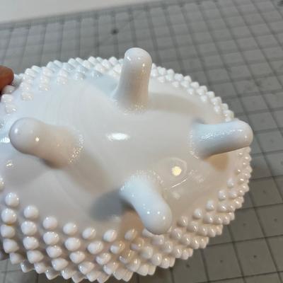 Milk Glass Hobnail Covered Oval Footed Dish