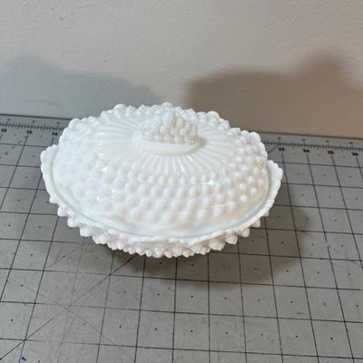 Milk Glass Hobnail Covered Oval Footed Dish