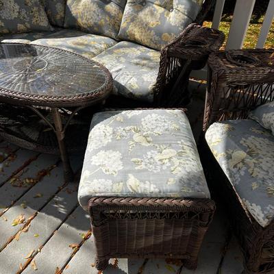 LARGE Brown Wicker Patio Set: Sofa, 2 chairs, coffee table and ottoman