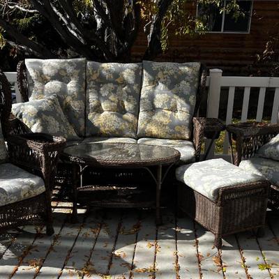 LARGE Brown Wicker Patio Set: Sofa, 2 chairs, coffee table and ottoman