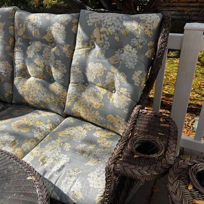 LARGE Brown Wicker Patio Set: Sofa, 2 chairs, coffee table and ottoman