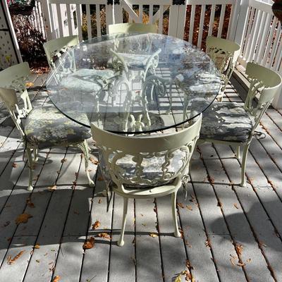 BUTTER Iron Decorative Ornate Table and 6 Chairs with Glass Top Table