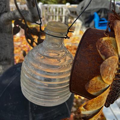 2 Glass Feeders or Bug catchers, Plus metal sunflower