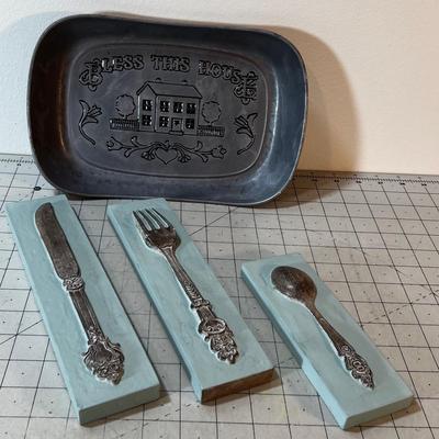 Pewter Bread Dish and 3 Wall Plaques
