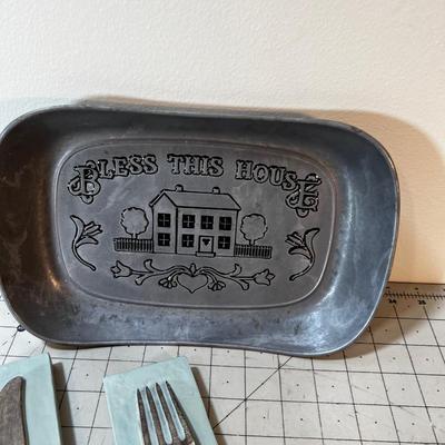 Pewter Bread Dish and 3 Wall Plaques