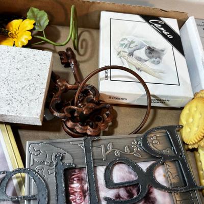 Box of Decorative items: Music Box, Keys etc.