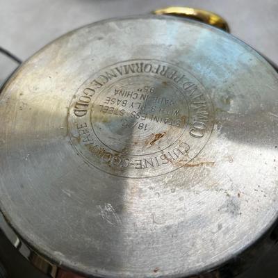 Large set of Pots & Pans Cuisine Cookware with Gold Accent on Knobs.