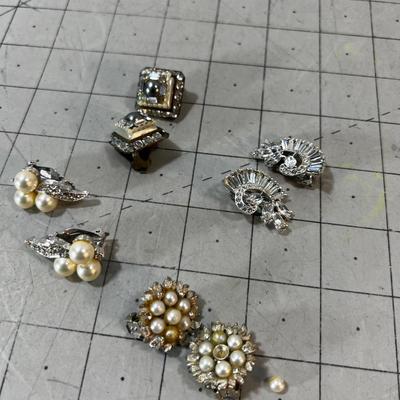 Antique Vintage Rhinestone & Pearl Clip on Earrings 