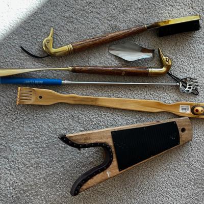 Collection of Shoe Horns, Boot Jack, Back Scratchers  