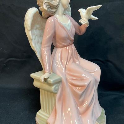 Grandeur Noel Large Porcelain Figurine, Angel in Pink Gown Holding Dove