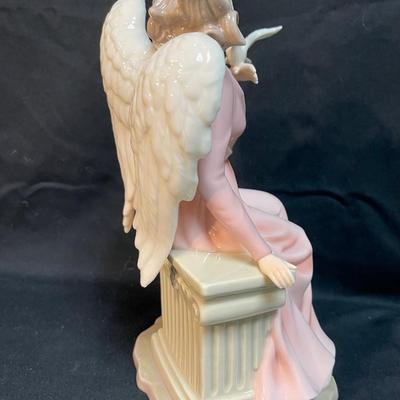 Grandeur Noel Large Porcelain Figurine, Angel in Pink Gown Holding Dove