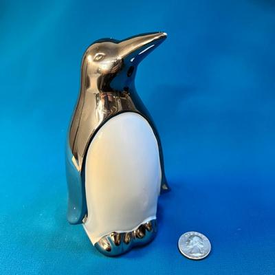 CERAMIC PENGUIN WITH METALLIC SILVER PAINTED COAT, HEAD, FEET