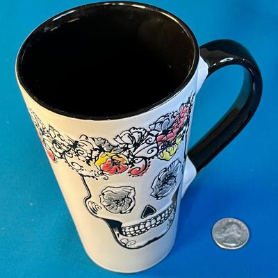 EMBOSSED DAY OF THE DEAD MOTIF TALL COFFEE MUG
