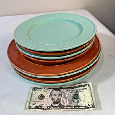 SET OF 4 STONEWARE DINNER & 4 LUNCHEON PLATES TURQUOISE AND ORANGE