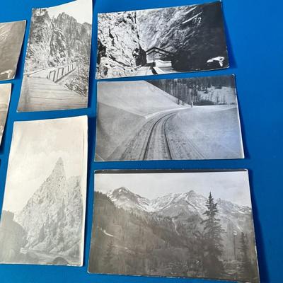 GROUP OF 8 PHOTO POST CARDS OF TRAINS IN ROCKY MOUNTAINS OF COLORADO