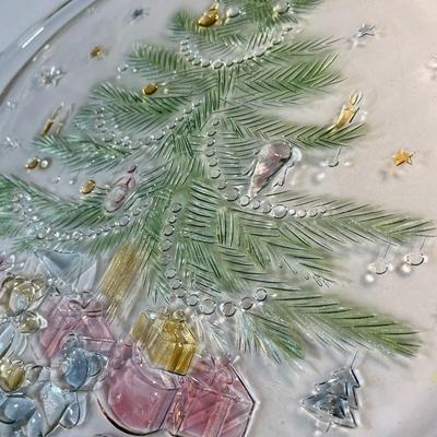 LARGE COLORED EMBOSSED GLASS CHRISTMAS SERVING TRAY 