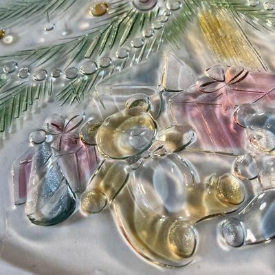 LARGE COLORED EMBOSSED GLASS CHRISTMAS SERVING TRAY 