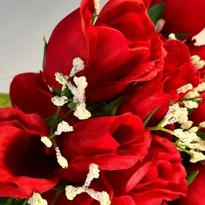 BOUQUET OF RED SILK ROSES WITH IMITATION BABY'S BREATH