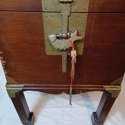 Antique Chinese Storage Box With Chinese Lock On Stand