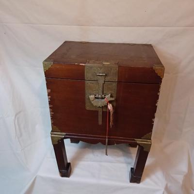Antique Chinese Storage Box With Chinese Lock On Stand