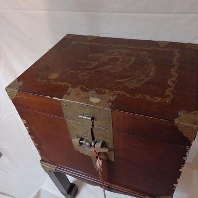 Antique Chinese Storage Box With Chinese Lock On Stand