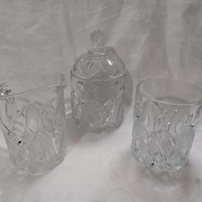Cut Glass Lidded Candy Jar, Open Sugar Bowl, Creamer