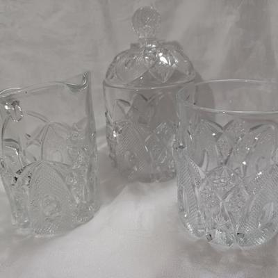 Cut Glass Lidded Candy Jar, Open Sugar Bowl, Creamer