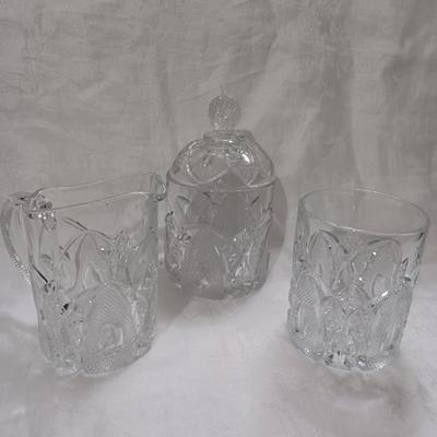 Cut Glass Lidded Candy Jar, Open Sugar Bowl, Creamer