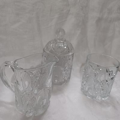 Cut Glass Lidded Candy Jar, Open Sugar Bowl, Creamer