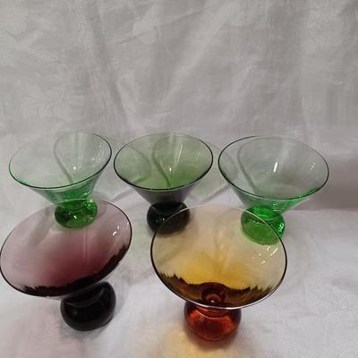 5 Mid Century Hand Blown Ball Stem Martini Glasses 3.25"Ã—3.5"