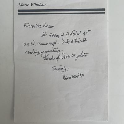 Actress Marie Windsor handwritten signed note