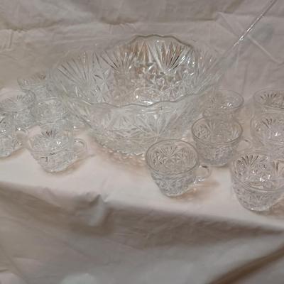 Cut Glass Punch Bowl With 12 Cups and Ladle
